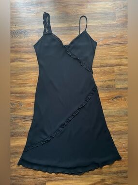 Lapis Black Rayon Chiffon Asymmetrical Ruffle Midi Dress - Size Large